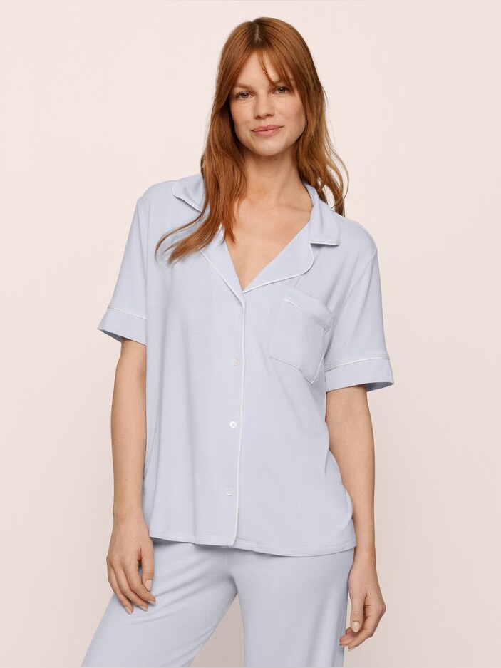Eberjey Gisele Ice Blue & Ivory Tencel Modal Button Down Short Sleeve Pajama Top